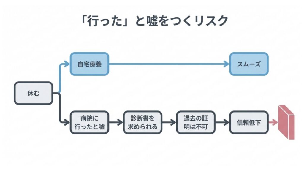 自宅療養と『病院に行った』虚偽報告の分岐から、信頼低下に至る流れを示したフロー図