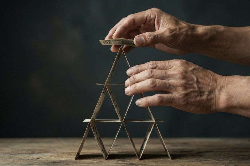 手がトランプで家を組み立てている写真。心理学で解明する自慢しない理由を意識したイメージ