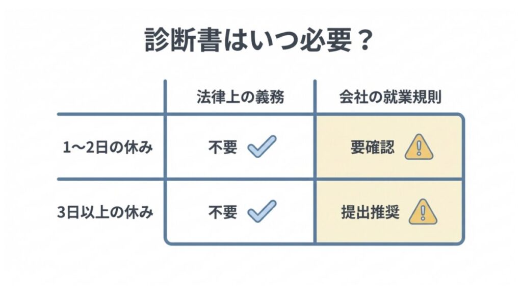 1〜2日の休みと3日以上の休みについて、診断書の扱いと就業規則の確認を示した比較表