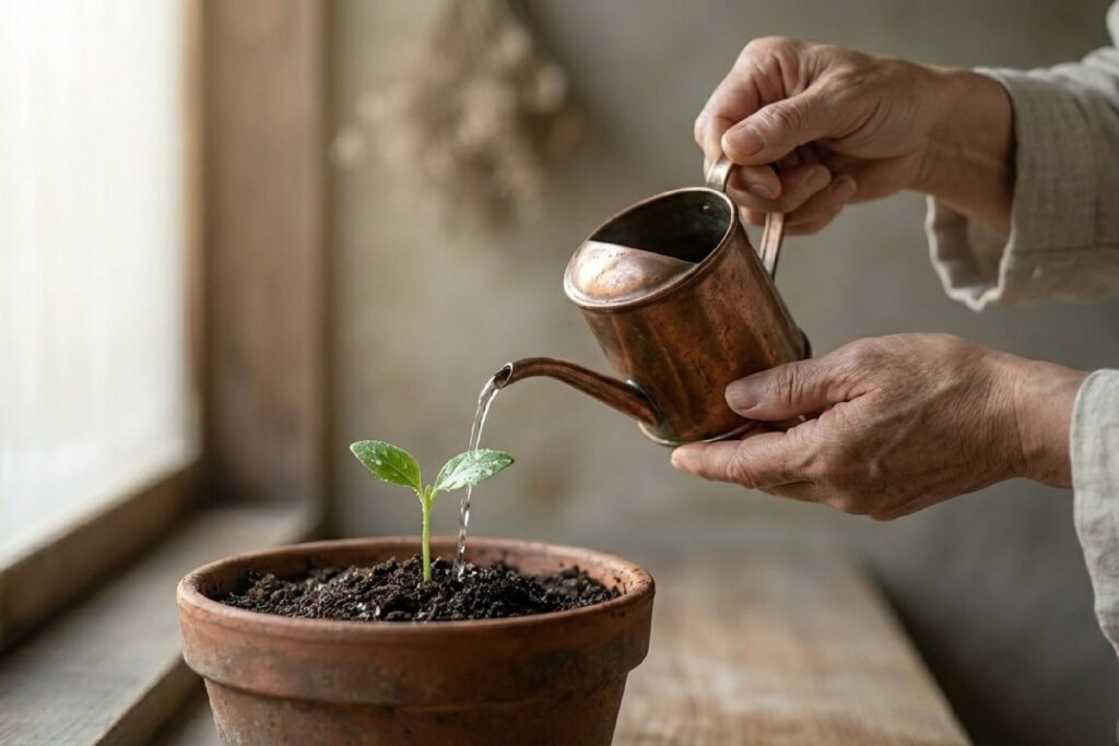 鉢の芽にじょうろで水を注ぐ手元の写真。スピリチュアルで知る自慢しない真実を意識したイメージ