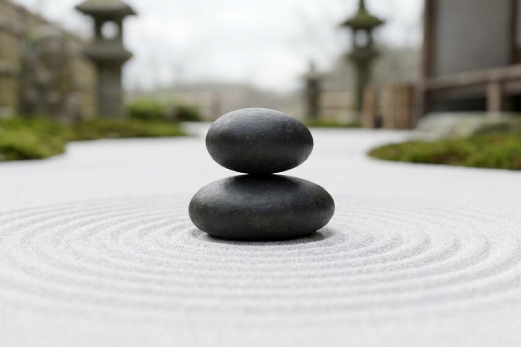 砂紋の上に黒い石が二つ積まれた写真。本当にすごい人は自慢しない心理を語るイメージ