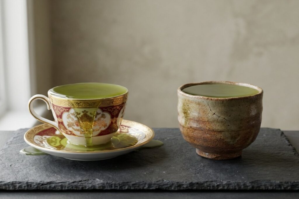 緑色の飲み物がこぼれたカップと湯のみが並ぶ写真。承認欲求と自己顕示欲の違いを意識した対比