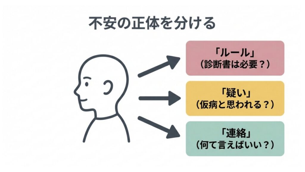 会社を休む際の診断書の必要性、仮病の疑い、欠勤連絡の論点を3つに整理した全体解説図