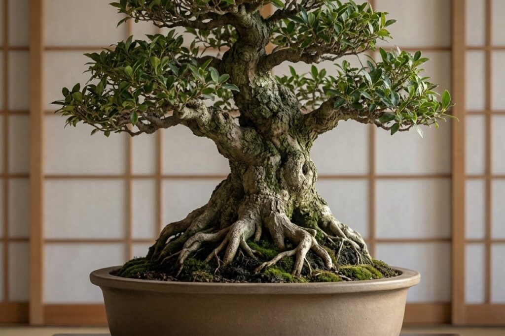 室内で盆栽が鉢に植えられ、太い根が見える写真。無知の知という特徴を意識したイメージ