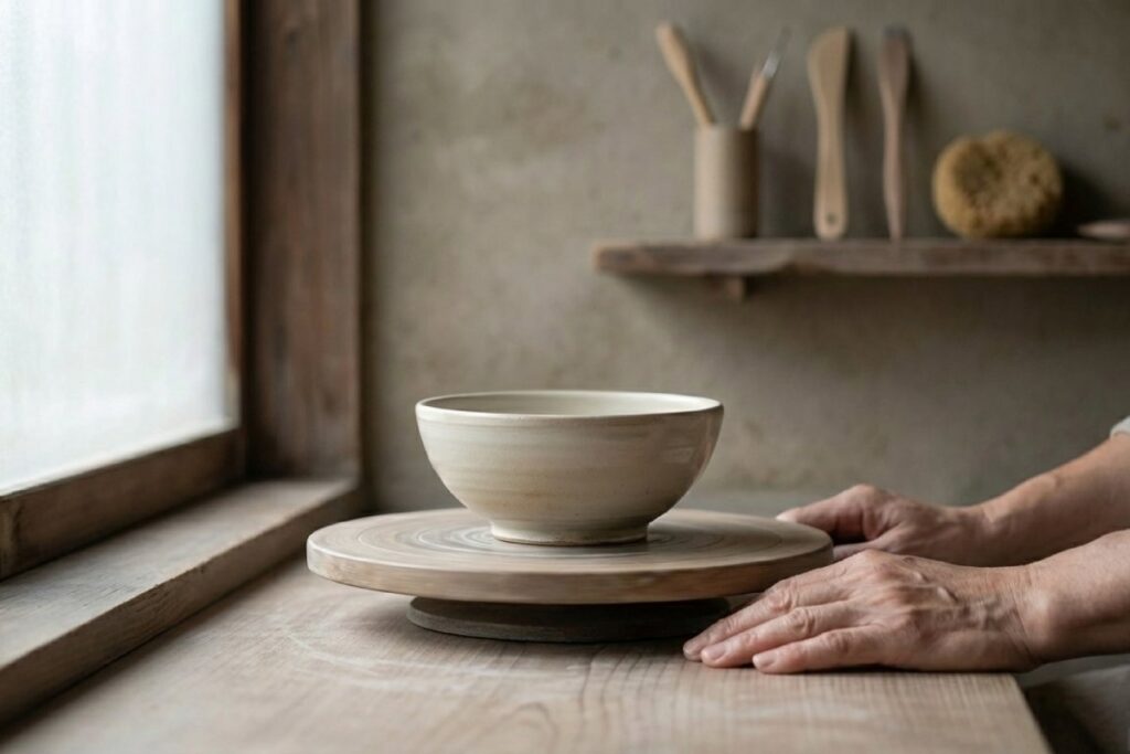 窓辺の作業台で器を静かに整える手元の写真。陰徳を積むという考え方を意識したイメージ