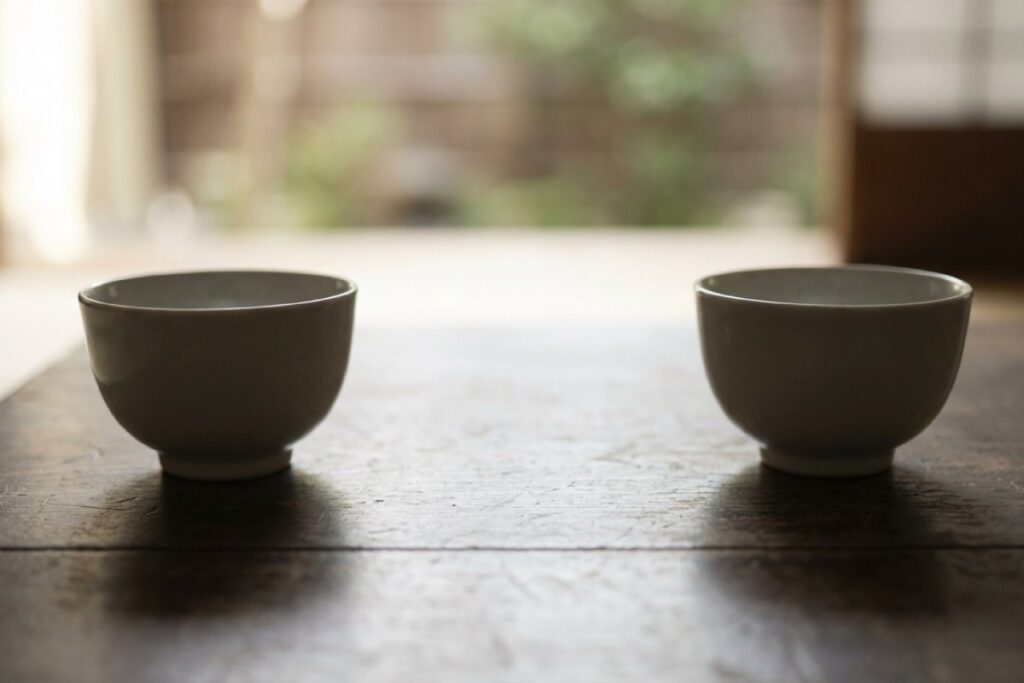 木の卓上に二つの湯のみが離れて置かれた写真。聞き上手になり信頼を得る会話のイメージ