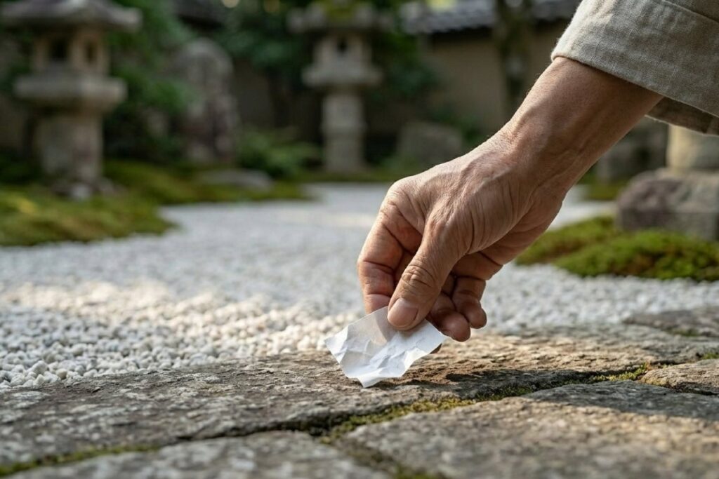 庭の石畳で手が紙くずを拾い上げる写真。職場で評価されるリーダーの行動を意識した場面