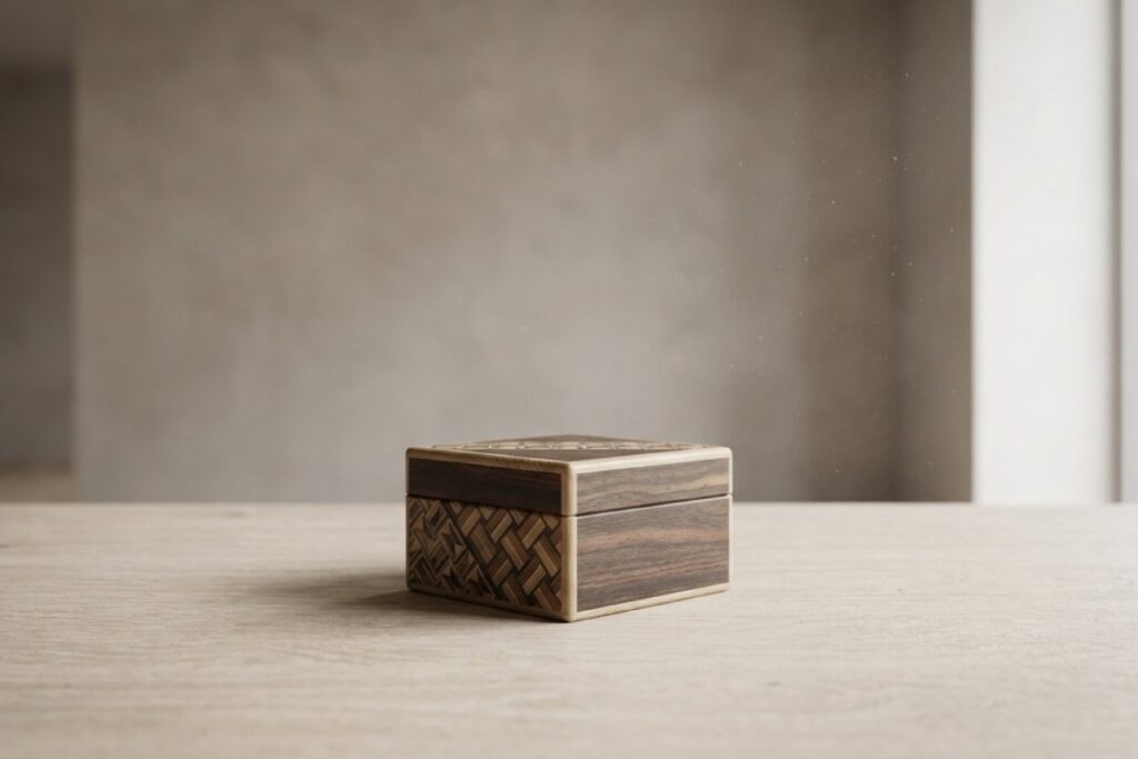 木のテーブルにふた付きの小箱が置かれた写真。能ある鷹は爪を隠す意味を意識したイメージ