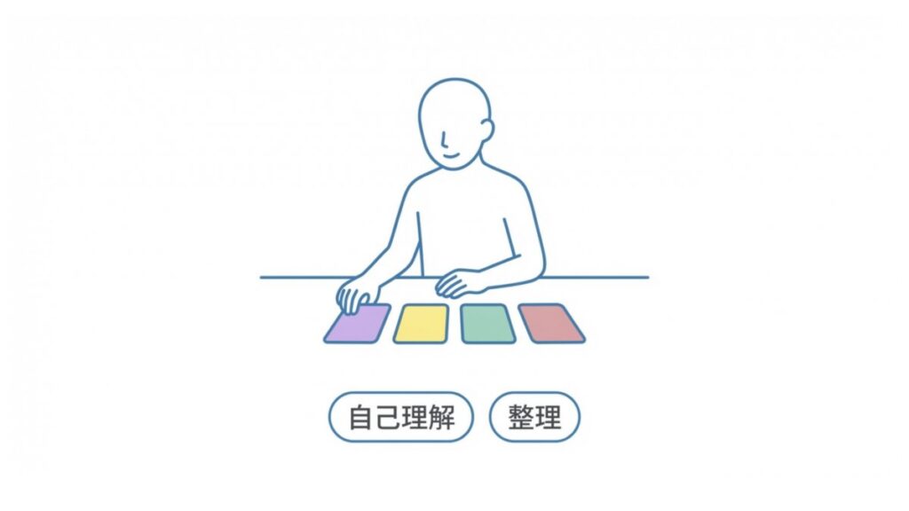 複数のカラーカードを前に、パーソナルカラーの整理を行う人物イメージ