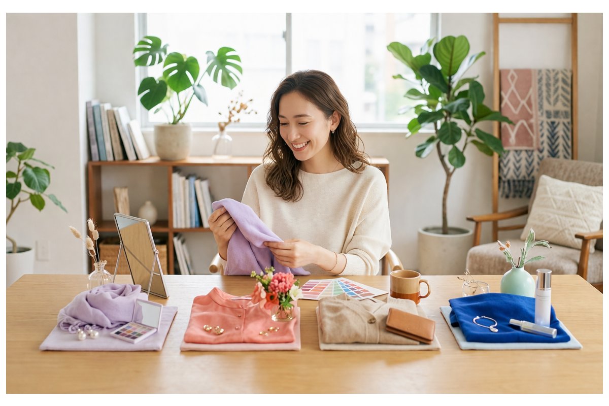 服と色見本を見ながらパーソナルカラー割合について考える女性