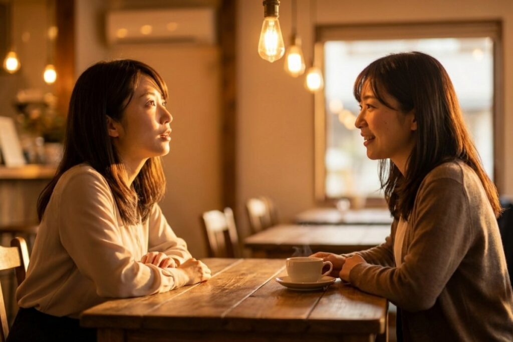 カフェの木製テーブルと向かい合う二人の女性。コーヒーカップを前に対話している。