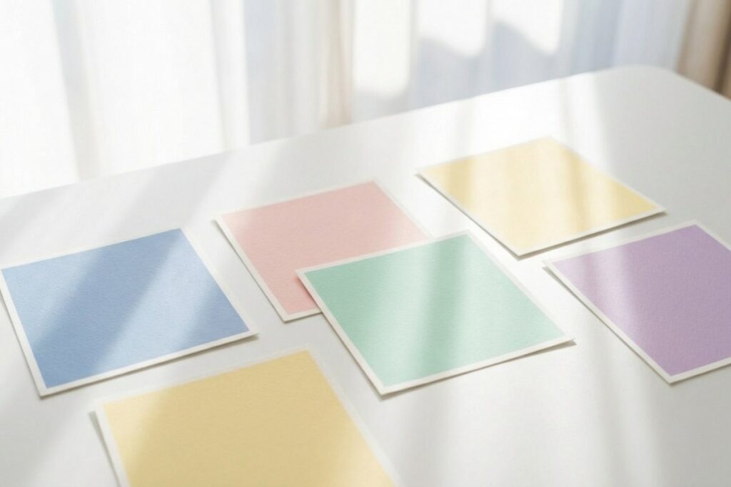 机の上にパステル色のカードを5枚配置している。色彩心理カードで感情と状況を外在化するカラットセラピー。