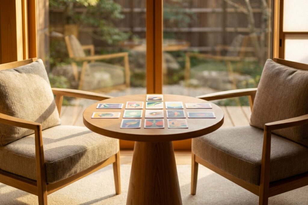 木製テーブルの上に複数のカードが並び、向かい合う2脚の椅子が置かれている。対話セッション用の相談スペースが整っている。
