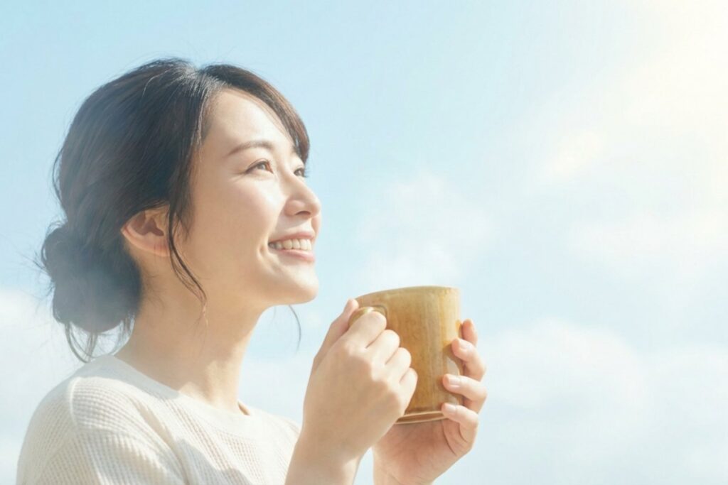 前向きな状態を表すイメージとして、青空の下でマグカップを持ち微笑む人物の写真