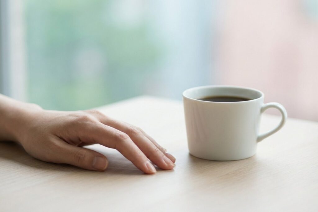 デスク上の白いマグカップと休めた手。業務停滞や疲労など不調の手前サインを相談する法人向け1on1。