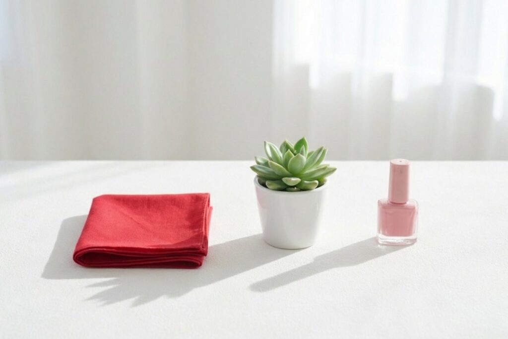 白い天板に赤いハンカチと多肉植物の鉢とピンクのマニキュア。3つの色アイテムが横一列に置かれる。