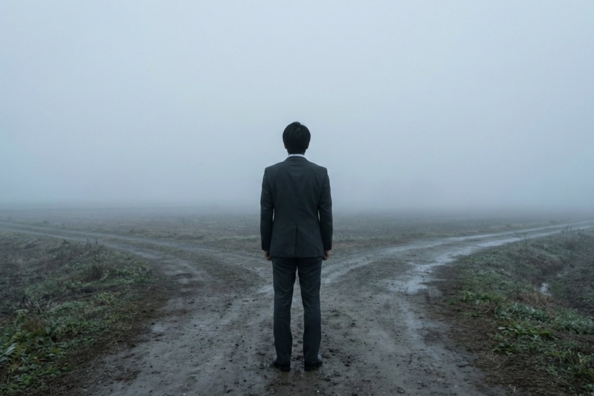 霧の中で二股に分かれる未舗装路の中央に立つスーツ姿の男性。進路が分かれる道を前に立ち止まっている。