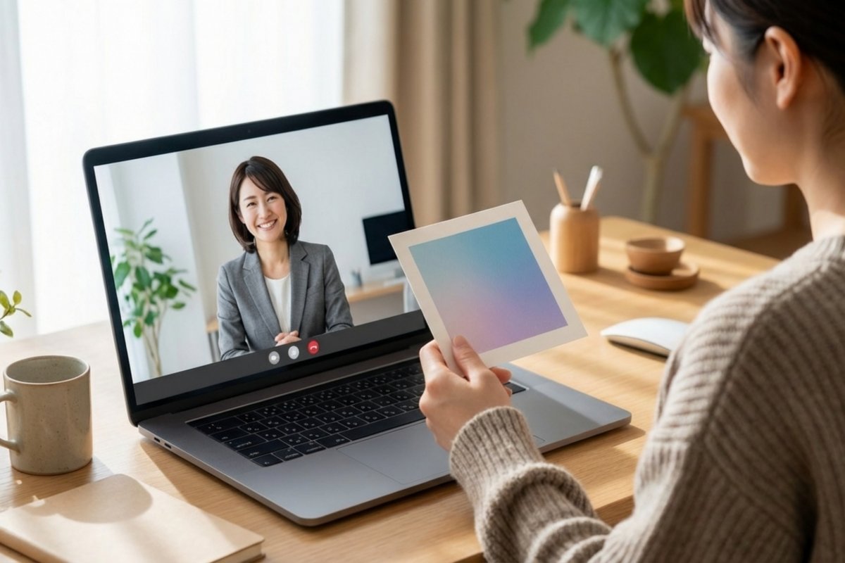ノートPCのビデオ通話画面と手に持ったグラデーションカラーカード。法人向けの一次予防1on1をオンラインで実施する。