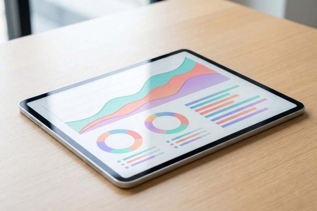 タブレット端末のダッシュボード画面と折れ線グラフ・棒グラフ・円グラフ。利用率と相談カテゴリを匿名集計した月次レポート。