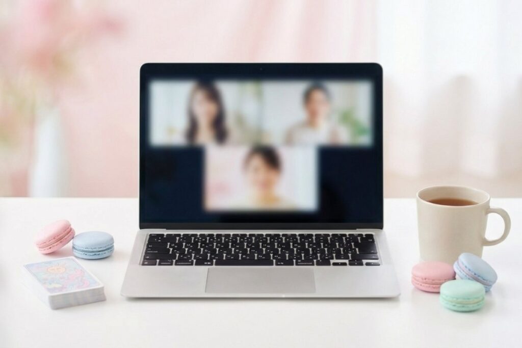 ノートパソコンのビデオ通話画面とマグカップ。机の上にカードリーディング用カードとパステルカラーのマカロンが置かれている。