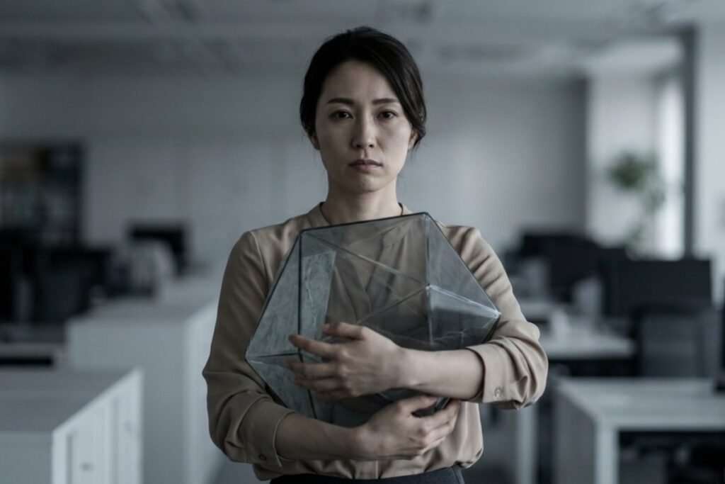 無人のオフィスで女性が大きな多面体のガラスオブジェを胸に抱える。意思決定の重圧を抱え込む女性リーダーの状況を表す構図になっている。