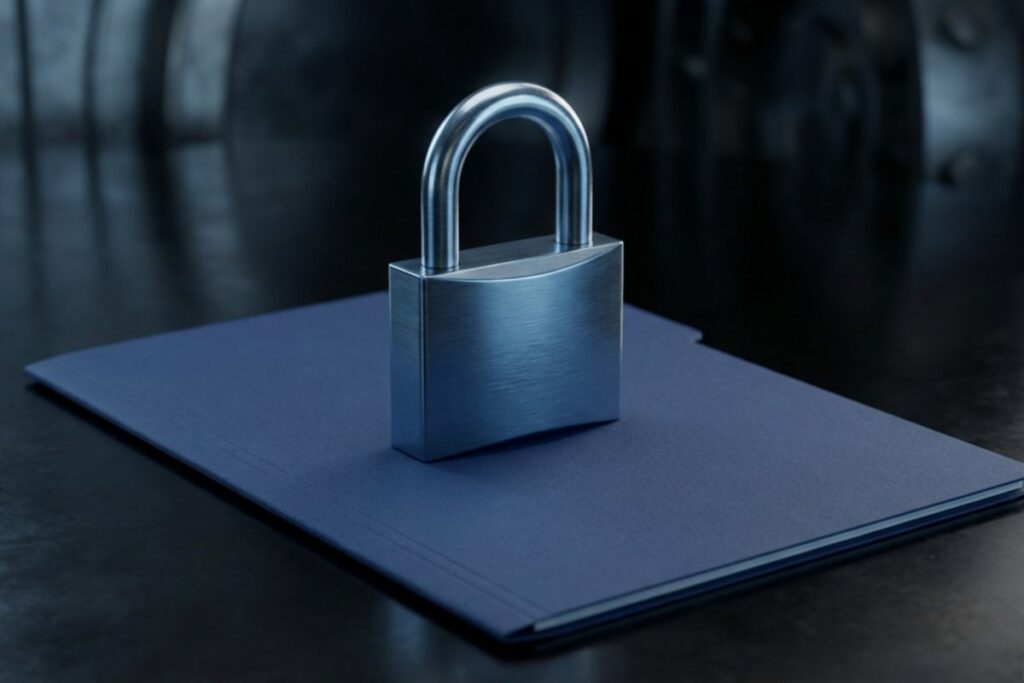 金属製の南京錠と書類フォルダー。守秘義務に基づく個人情報のデータ管理とガバナンス。