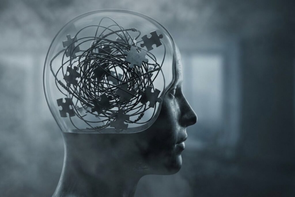 横顔の頭部模型の内部に絡まったワイヤーと複数のジグソーパズル片が入っている。情報が混線した状態を立体的に表している。