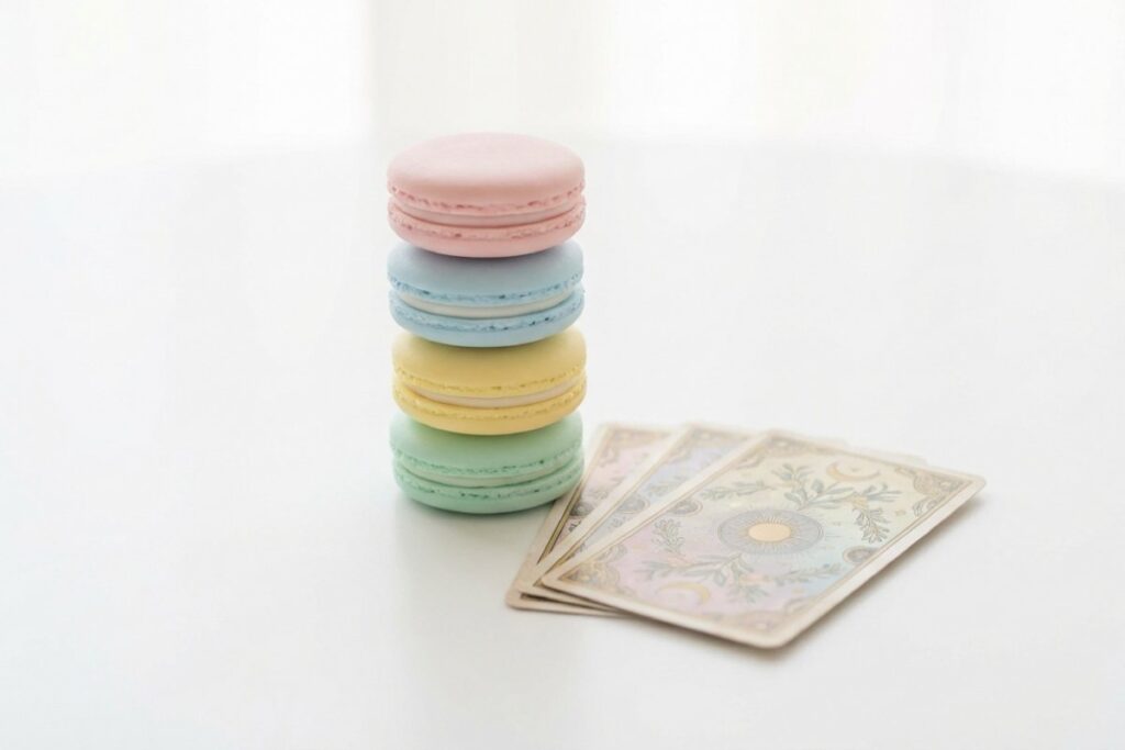 パステルカラーのマカロンとカードリーディング用カード。白いテーブル上に並べて置かれている。