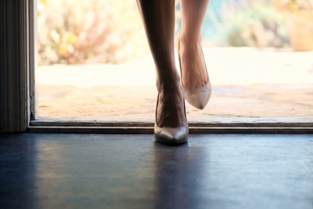 ドアの敷居とハイヒールの足元。屋外から室内へ一歩踏み出している。