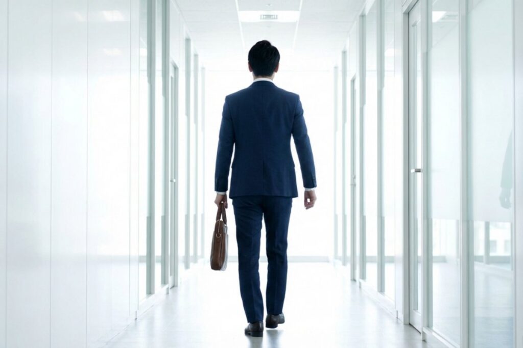 オフィスの廊下を歩くスーツ姿の人物とビジネスバッグ。法人向けメンタルヘルス一次予防で離職・休職リスクを抑える文脈。