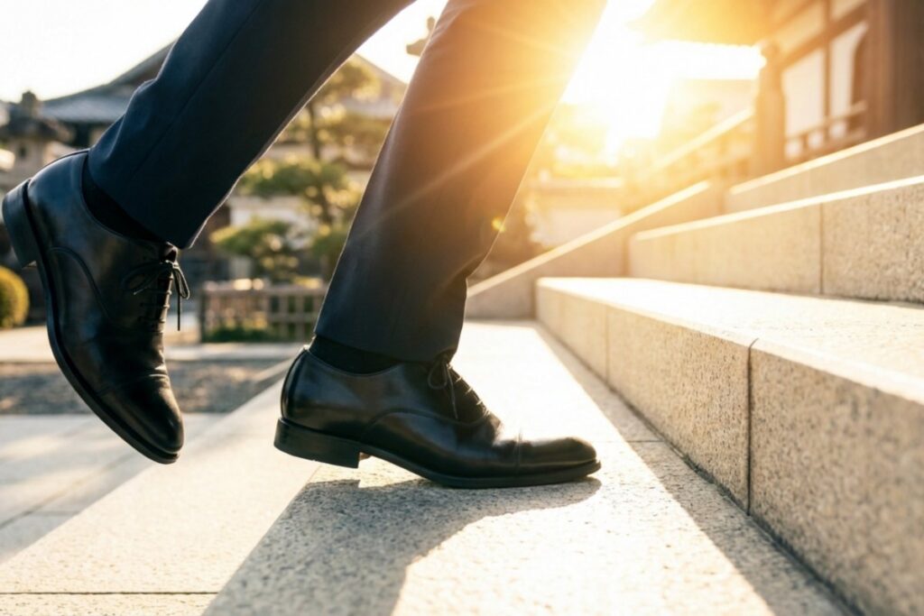 日差しの中で革靴を履いた人物が石段を一段上がる足元。階段に足を踏み出している。