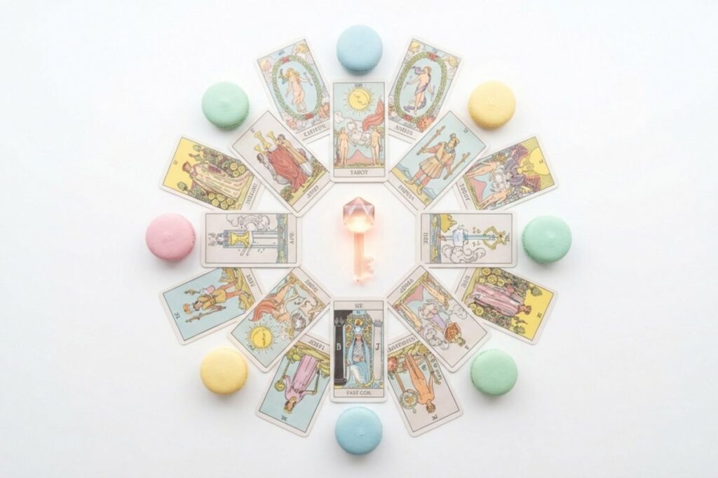 白背景に円形に配置されたタロットカードとパステル色のマカロン。中央に透明な鍵型のクリスタルが置かれている。