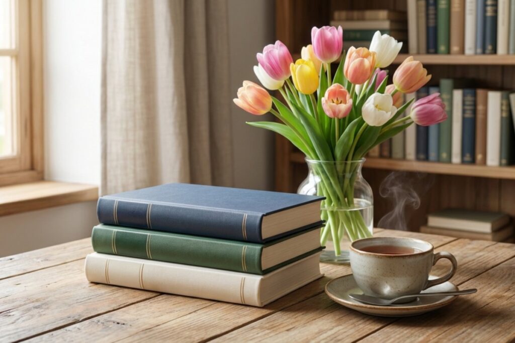 木のテーブルに積まれた本とチューリップの花瓶。湯気の立つコーヒーカップが横に置かれている。