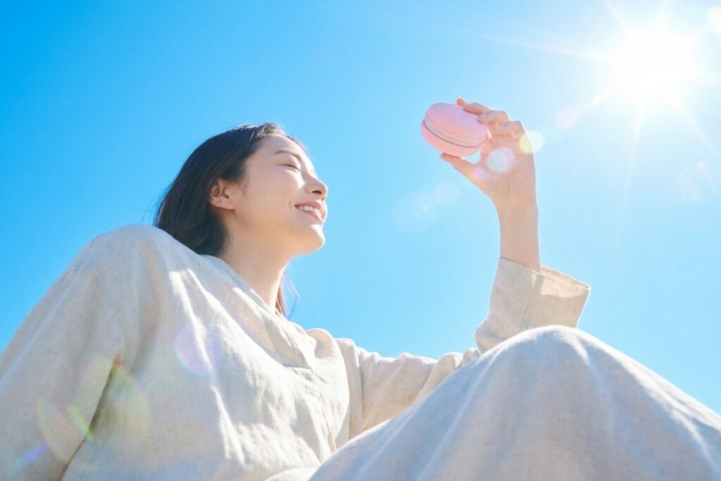 青空の下でピンクのマカロンを掲げて笑う女性。逆光の太陽光とレンズフレアが写る。