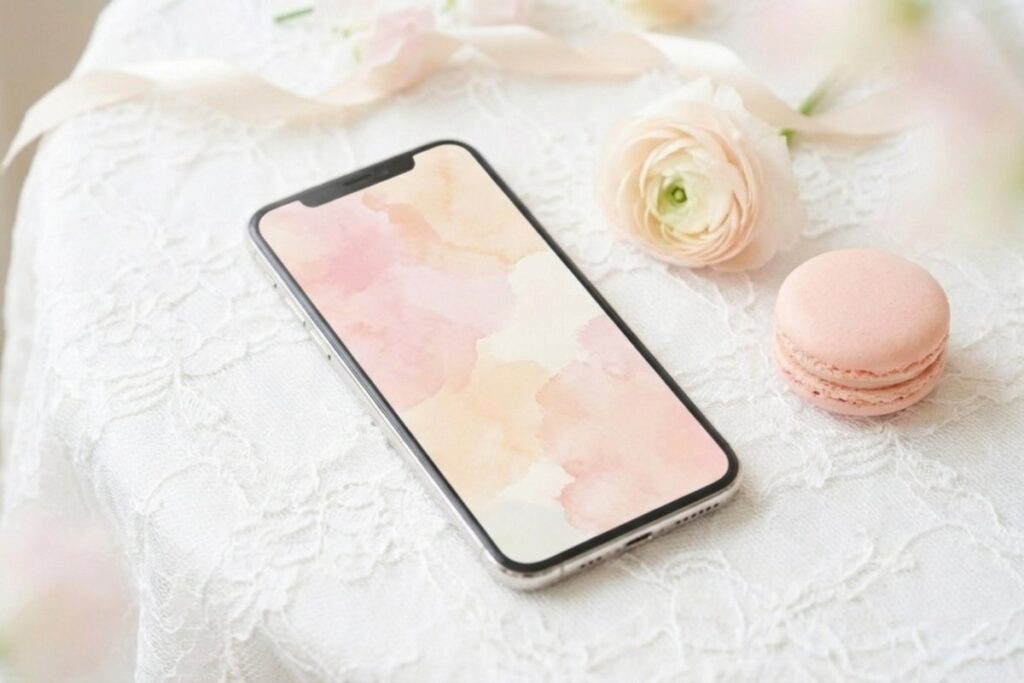 白いレースの上に置かれたスマートフォン。画面に淡いピンクとベージュの抽象背景が表示され、横にピンクのマカロンがある。