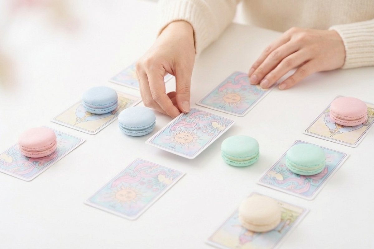 テーブルに並べたカードリーディング用カードとパステルカラーのマカロン。手が1枚のカードを選んでカード展開法（スプレッド）の配置を整えている。