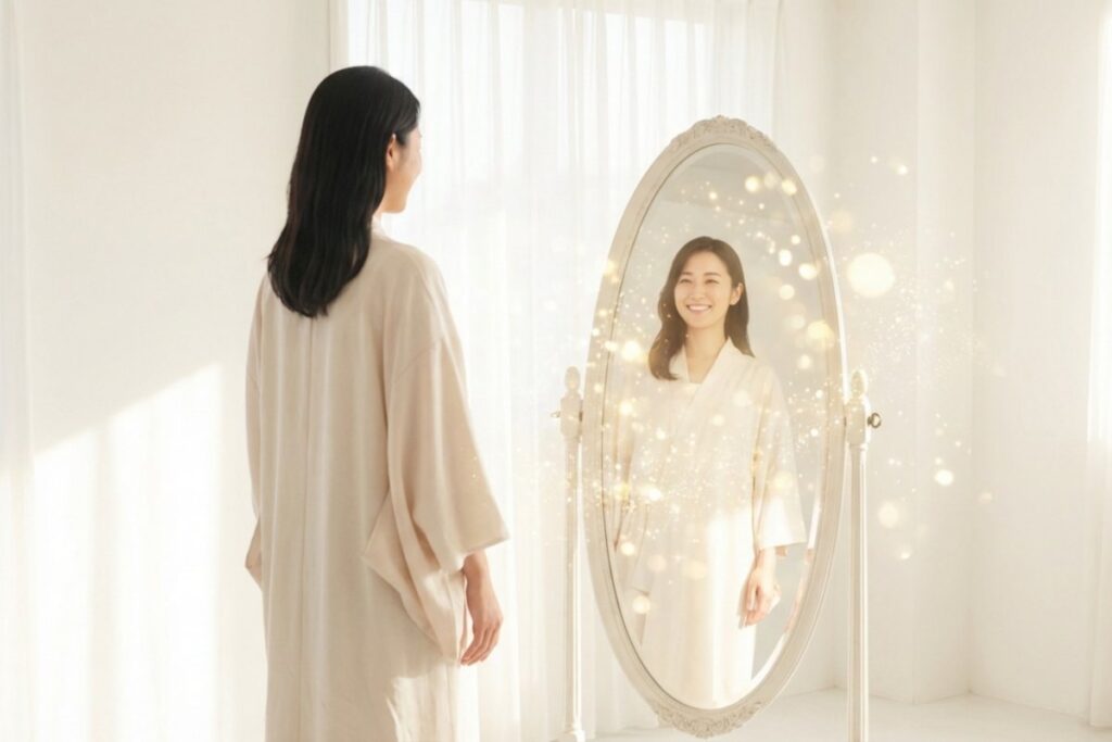 白い部屋で姿見の前に立つ女性。鏡の中の女性が笑顔で光の粒に包まれる。