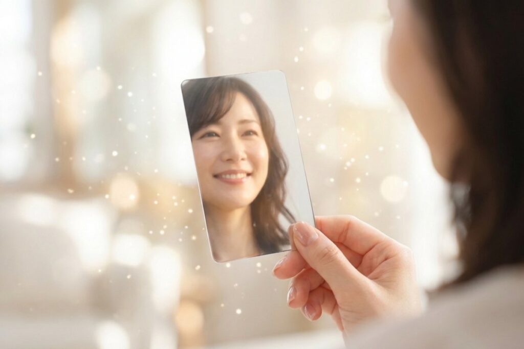 手に持った顔写真カードと笑顔の女性の写真。明るい室内で写真カードを見つめている。
