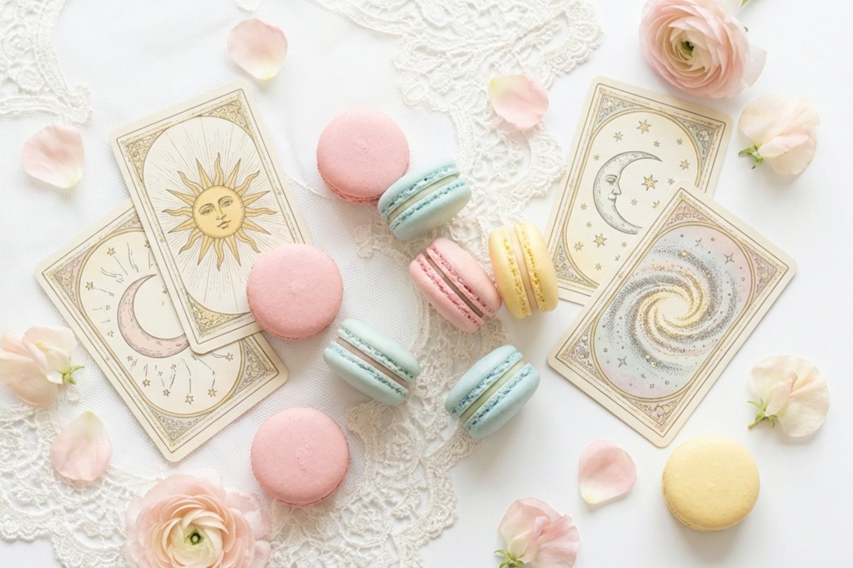 白いレースの上に置かれたタロットカード3枚とパステルカラーのマカロン。花びらが散らばるテーブル上の静物写真。