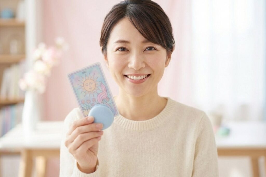 笑顔の女性とカードリーディング用カード。青いマカロンを持ちながらカードをカメラに向けて提示している。