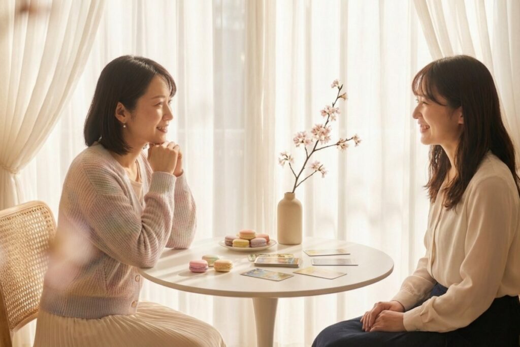 窓辺の丸テーブルで向かい合って話す女性2人。テーブル上にタロットカードとパステル色のマカロンが並ぶ。