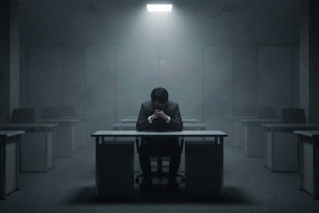 薄暗いオフィスの机に座るスーツ姿の男性。両手を組んでうつむいている。