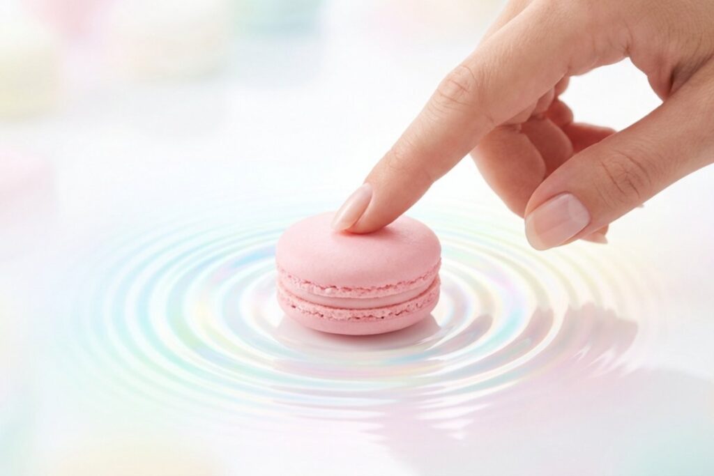 指先がピンクのマカロンに触れ、水面に同心円の波紋が広がる。メンタル整理のきっかけが意思決定と行動へ波及する状態を示している。
