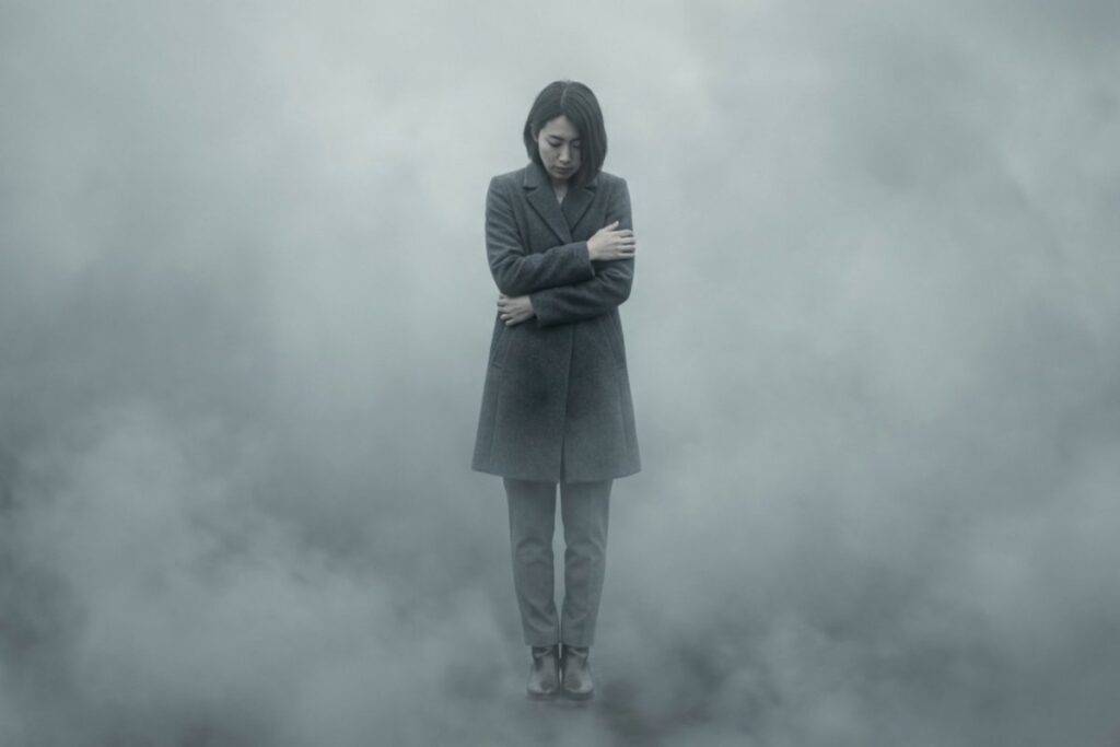 霧の中で腕を抱えて俯く女性。グレーのコート姿で立ち尽くす。