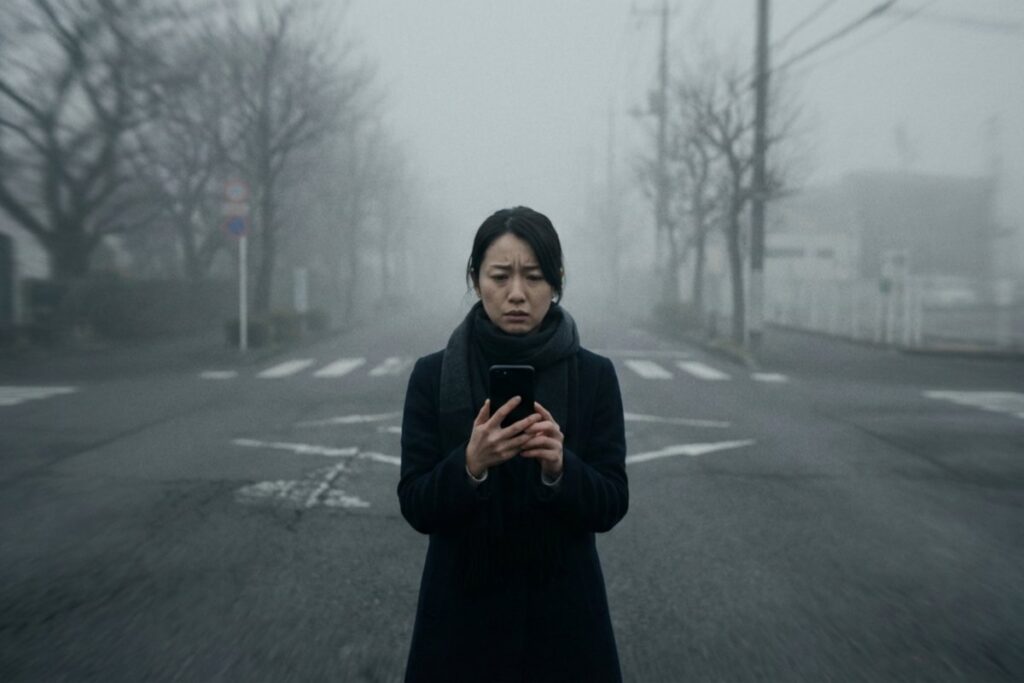 霧の濃い道路の横断歩道でスマートフォンを持つ女性。黒いコートとマフラー姿で立ち止まる。