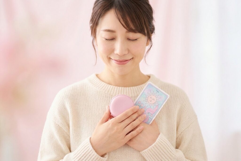 目を閉じた女性とカードリーディング用カード。胸の前でピンク色のマカロンと一緒に持っている。
