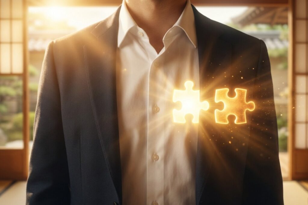 ジャケットを着た人物の胸元に光るジグソーパズル片が2枚浮かんでいる。2つのピースが並んで発光している。