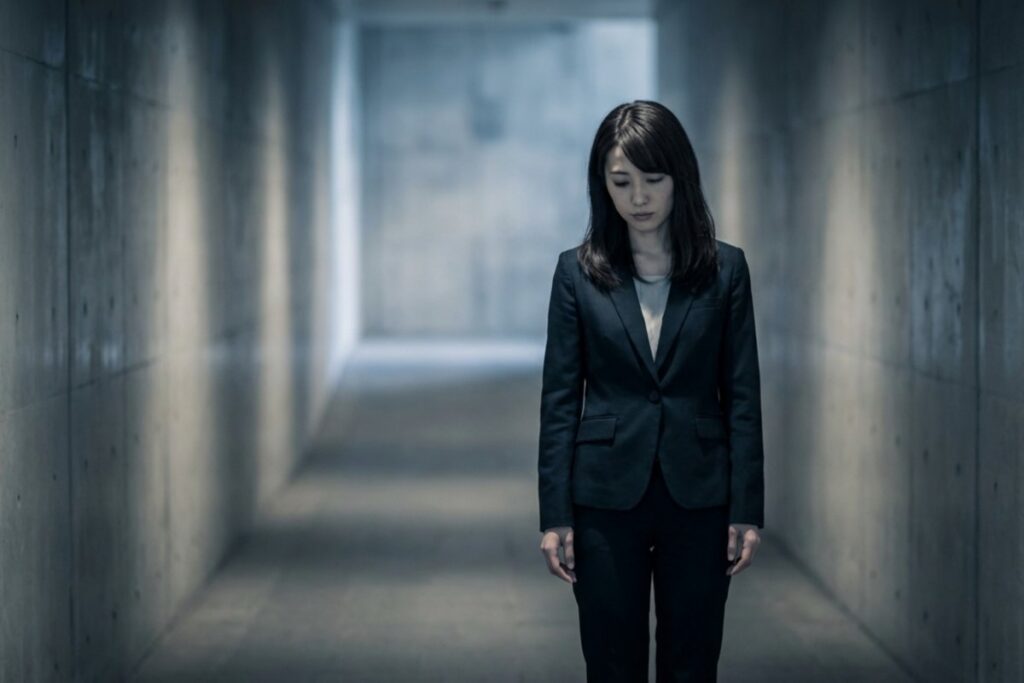 コンクリートの長い通路とスーツ姿の女性。通路の中央で俯いて立っている。