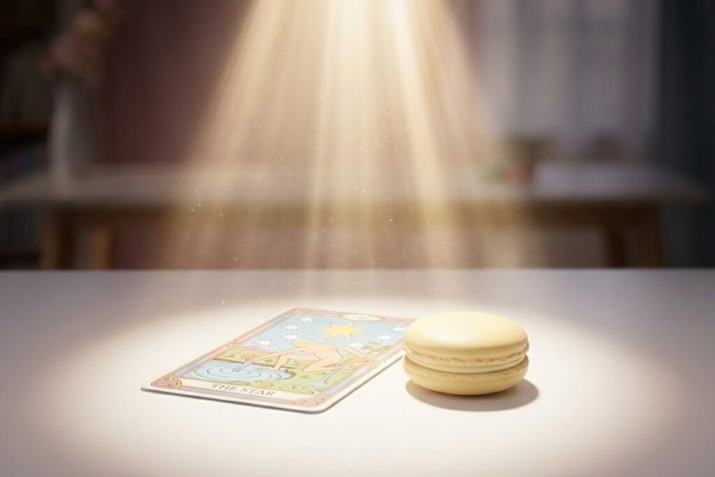 スポットライトが当たる『THE STAR』と書かれたカードと淡黄色のマカロン。暗い背景のテーブル上に置かれている。