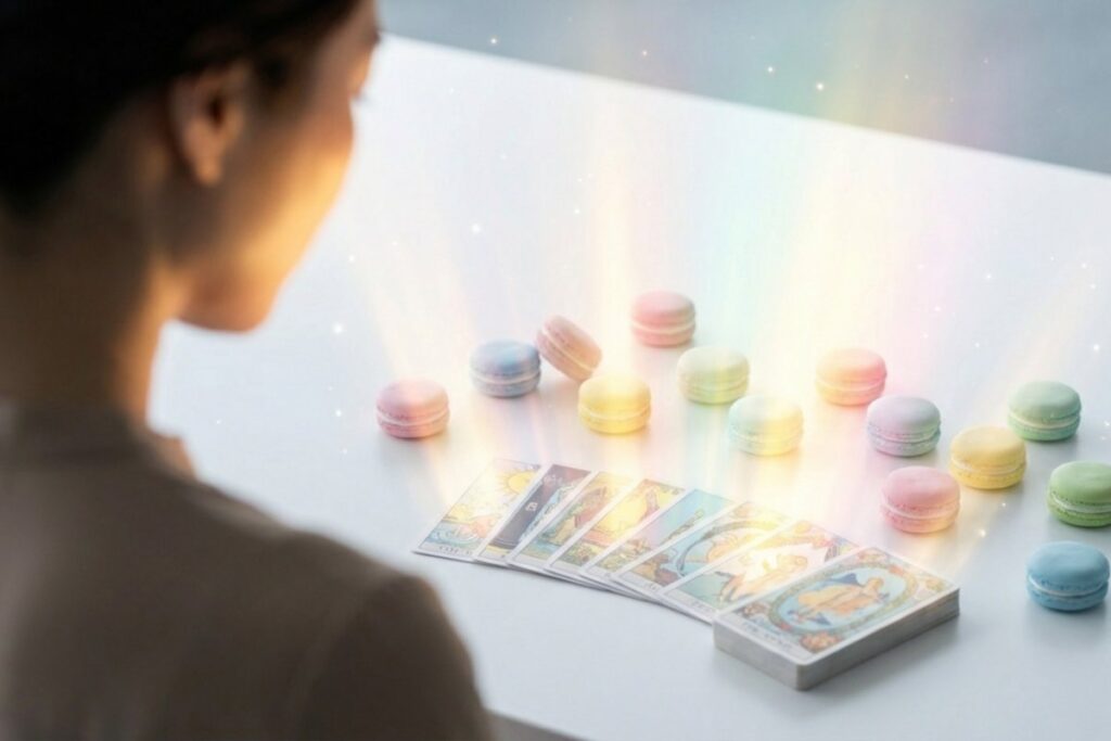 テーブルにタロットカードの束とカラフルなマカロンが並び、手前に相談者の横顔が写る。カードを引いて対話しながら本音を言語化する個人セッションの進行シーンになっている。